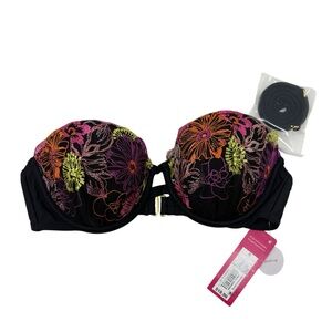 Xhilaration Black Bikini Top with Colorful Floral Embroidery, Small